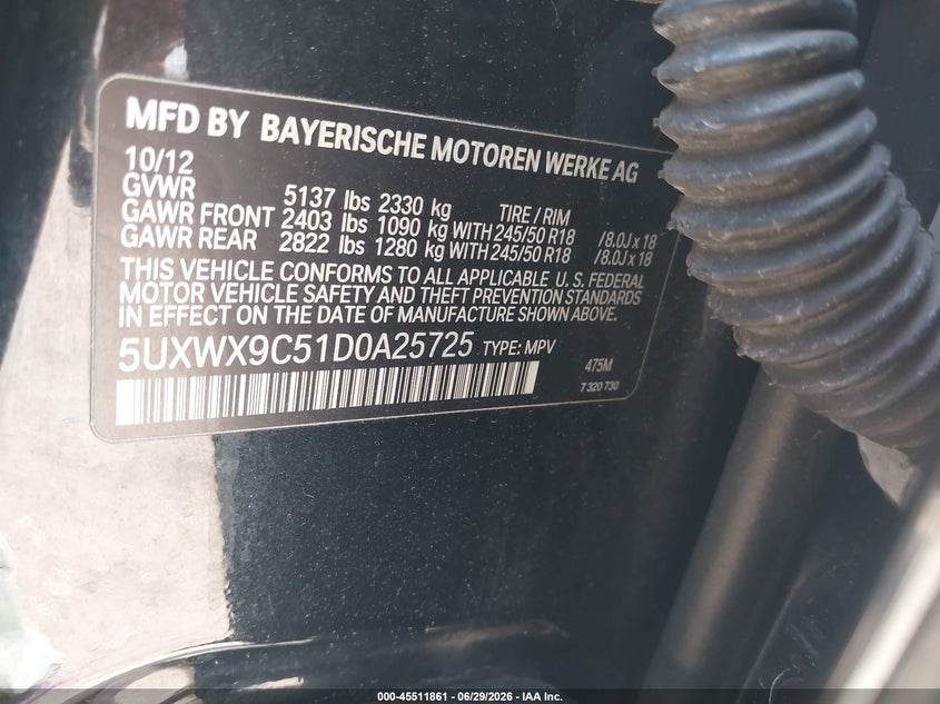 2013 BMW X3 VIN 5UXWX9C51D0A25725 IAAI salvage auction — NORMAL WEAR, Clear-Dealer Only (Maryland), sold $650 on 2026-07-30 (photo 9)