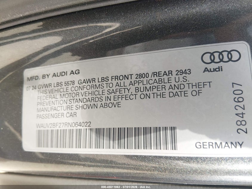 2024 Audi A7 VIN WAUV2BF27RN064022 IAAI salvage auction — ROLLOVER, Salvage Title, sold $575 on 2026-07-28 (photo 9)