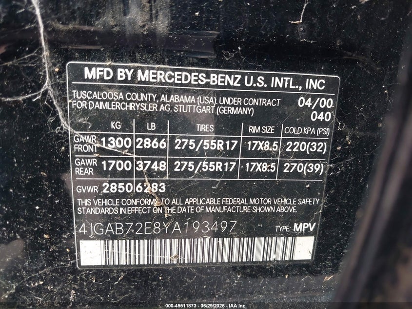 2000 Mercedes-benz Ml-class VIN 4JGAB72E8YA193497 IAAI salvage auction — NORMAL WEAR, Clear (Maryland), sold $375 on 2026-07-09 (photo 9)