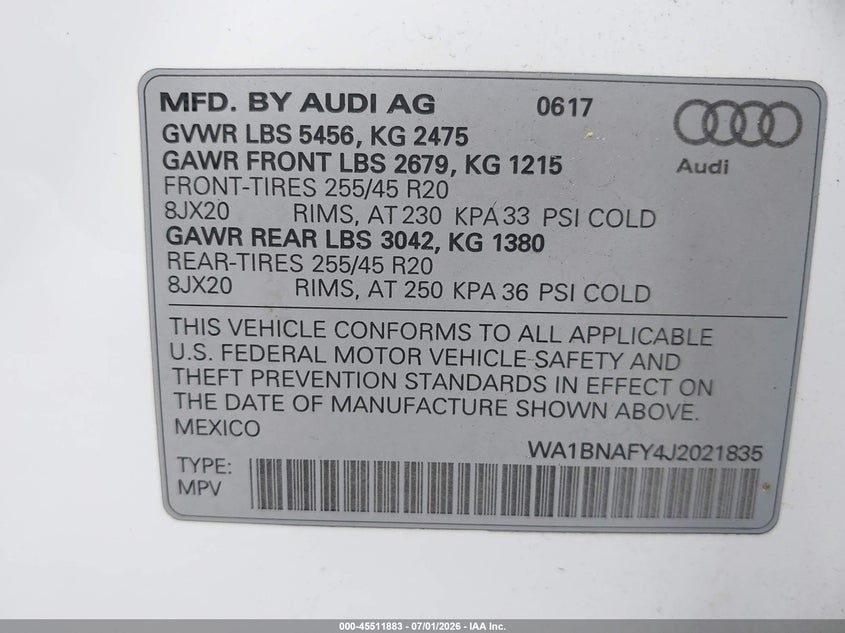 2018 Audi Q5 VIN WA1BNAFY4J2021835 IAAI salvage auction — FRONT END, Rebuildable (Florida), sold $6,550 on 2026-07-14 (photo 9)