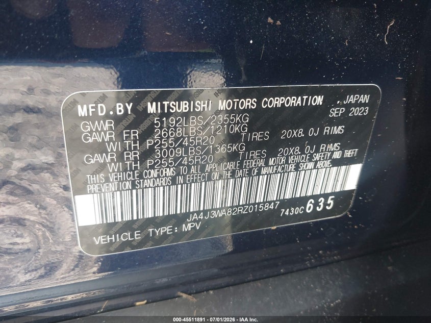2024 Mitsubishi Outlander VIN JA4J3WA82RZ015847 IAAI salvage auction — REAR END, Wait Title, sold $11,750 on 2026-09-16 (photo 9)