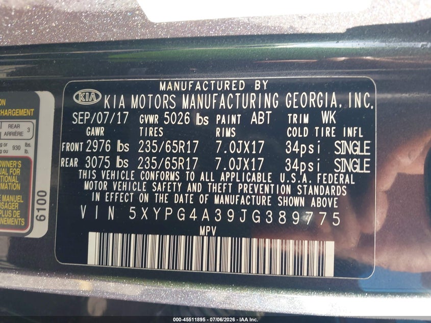 2018 Kia Sorento VIN 5XYPG4A39JG389775 IAAI salvage auction — FRONT END, Rebuildable (Florida), sold $1,600 on 2026-07-29 (photo 9)
