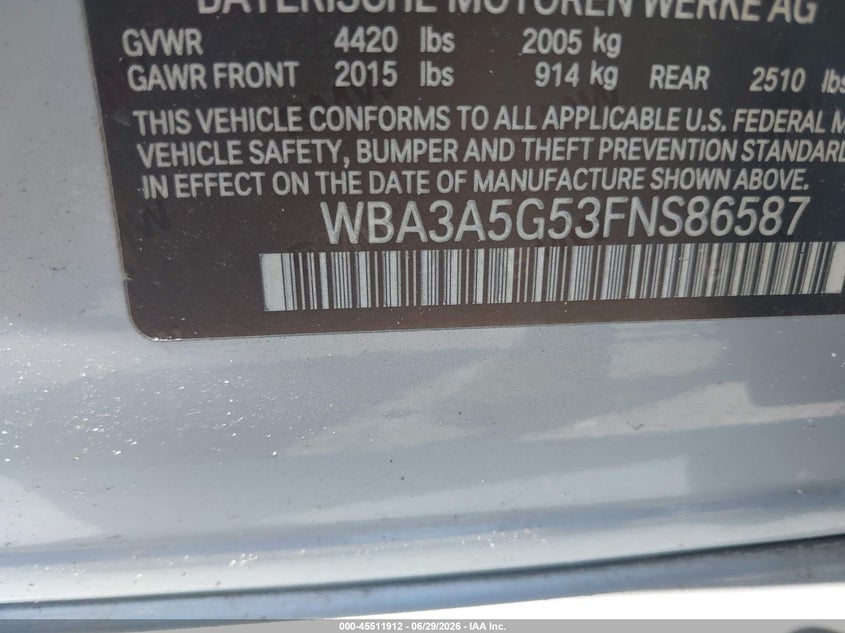 2015 BMW 3er VIN WBA3A5G53FNS86587 IAAI salvage auction — FRONT END, Clear (Florida), sold $1,200 on 2026-07-14 (photo 9)