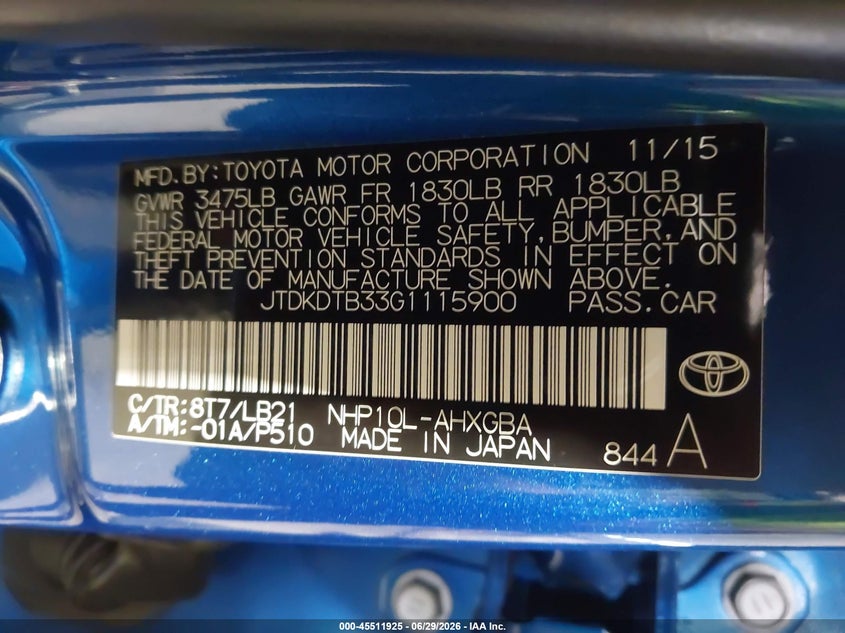 2016 Toyota Prius c VIN JTDKDTB33G1115900 IAAI salvage auction — LEFT FRONT, Salvage Title, sold $2,600 on 2026-08-20 (photo 9)