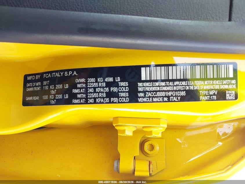 2017 Jeep Renegade VIN ZACCJBBB1HPG10385 IAAI salvage auction — NORMAL WEAR, Repossession Paperwork (Georgia), sold $1,450 on 2026-08-05 (photo 9)