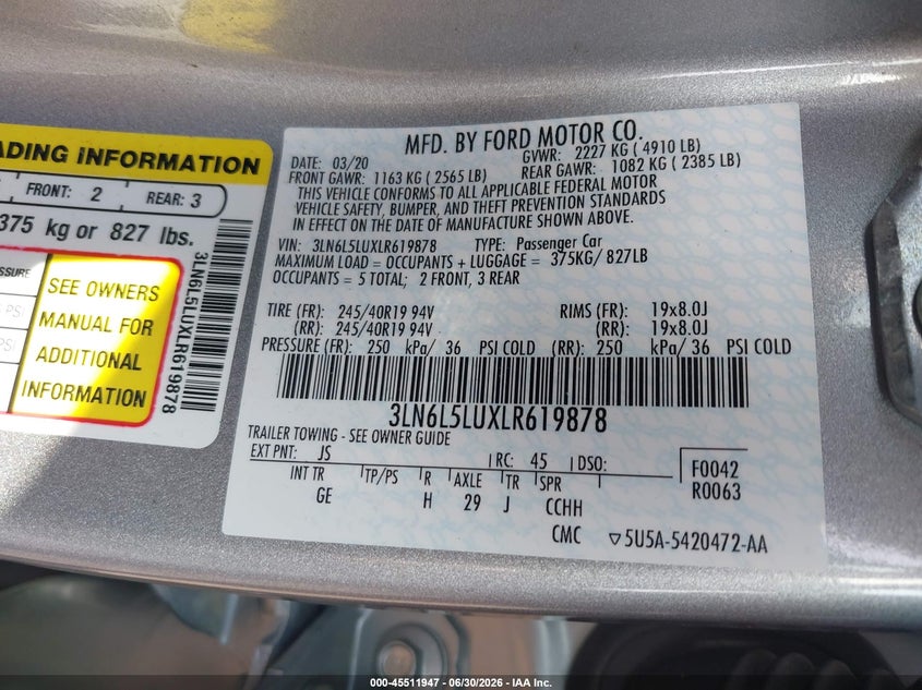 2020 Lincoln Mkz VIN 3LN6L5LUXLR619878 IAAI salvage auction — RIGHT SIDE, Salvage (Ohio), sold $4,850 on 2026-07-29 (photo 9)