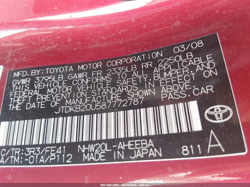 2008 Toyota Prius VIN JTDKB20U587772787 IAAI salvage auction — NORMAL WEAR, Original (Texas), sold $25 on 2026-07-29 (photo 9)