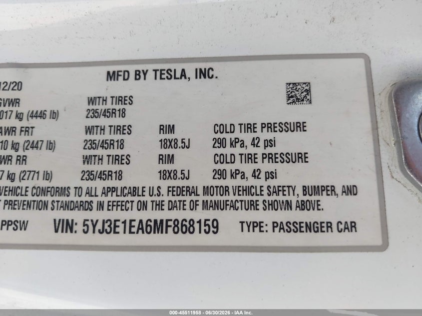 2021 Tesla Model 3 VIN 5YJ3E1EA6MF868159 IAAI salvage auction — RIGHT SIDE, Clear (Arizona), sold $7,225 on 2026-07-15 (photo 9)
