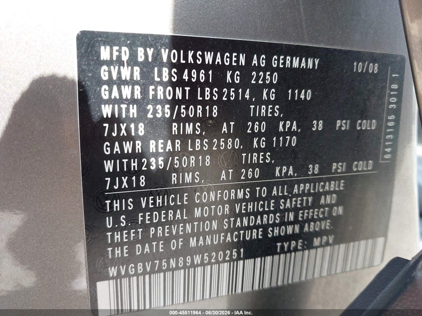 2009 Volkswagen Tiguan VIN WVGBV75N89W520251 IAAI salvage auction — SIDE, Salvage (Pennsylvania), sold $800 on 2026-07-17 (photo 9)
