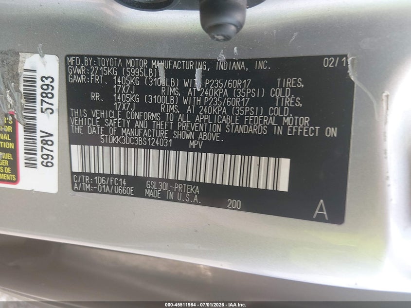 2011 Toyota Sienna VIN 5TDKK3DC3BS124031 IAAI salvage auction — NORMAL WEAR, Original (Ohio), sold $275 on 2026-07-29 (photo 9)
