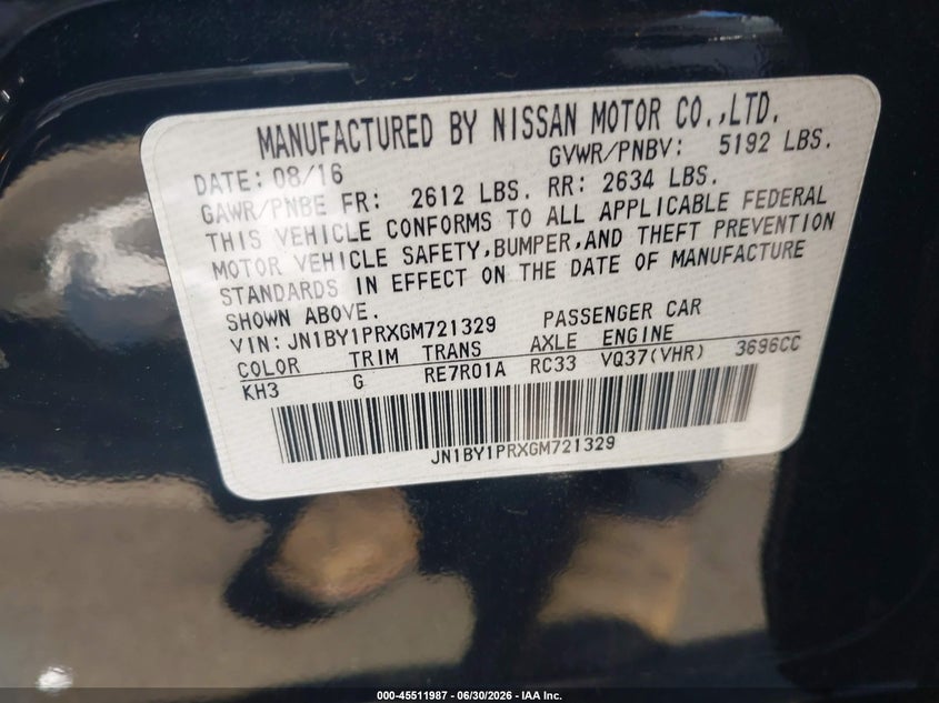 2016 Infiniti Q70 VIN JN1BY1PRXGM721329 IAAI salvage auction — UNKNOWN, Salvage (North Carolina), sold $1,850 on 2026-07-22 (photo 9)