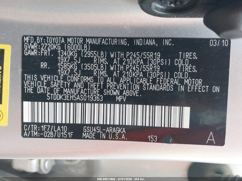 2010 Toyota Highlander VIN 5TDDK3EH5AS019363 IAAI salvage auction — NORMAL WEAR, Clear (New York), sold $3,300 on 2026-07-09 (photo 9)