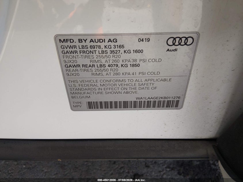 2019 Audi E-tron VIN WA1LAAGE2KB011276 IAAI salvage auction — FRONT END, Salvage (Missouri), sold $9,700 on 2026-08-19 (photo 9)
