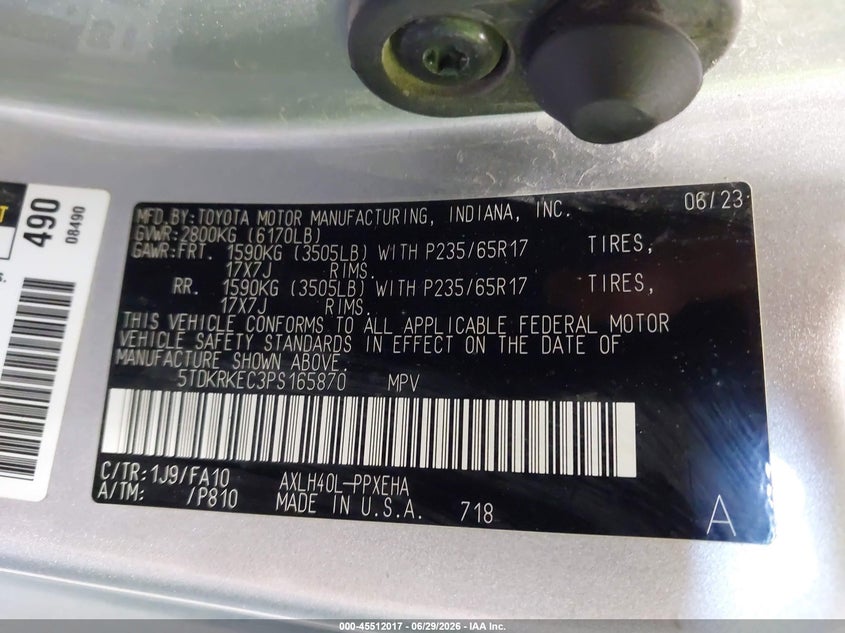 2023 Toyota Sienna VIN 5TDKRKEC3PS165870 IAAI salvage auction — FRONT END, Clear (Oklahoma), sold $10,600 on 2026-07-15 (photo 9)