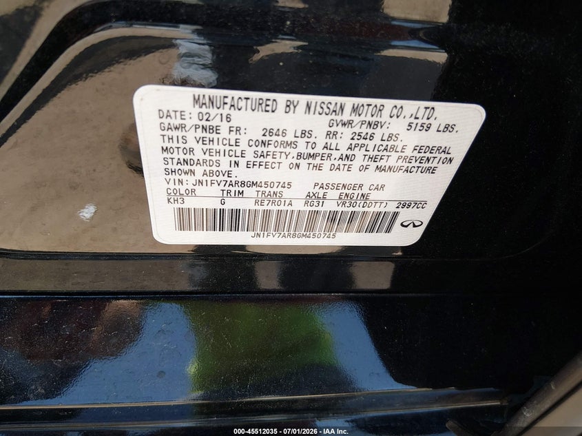 2016 Infiniti Q50 VIN JN1FV7AR8GM450745 IAAI salvage auction — NORMAL WEAR, Original (New Hampshire), sold $3,525 on 2026-07-08 (photo 9)