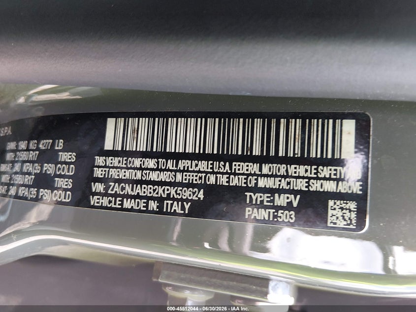 2019 Jeep Renegade VIN ZACNJABB2KPK59624 IAAI salvage auction — FRONT & REAR, Rebuildable (Florida), sold $25 on 2026-07-28 (photo 9)