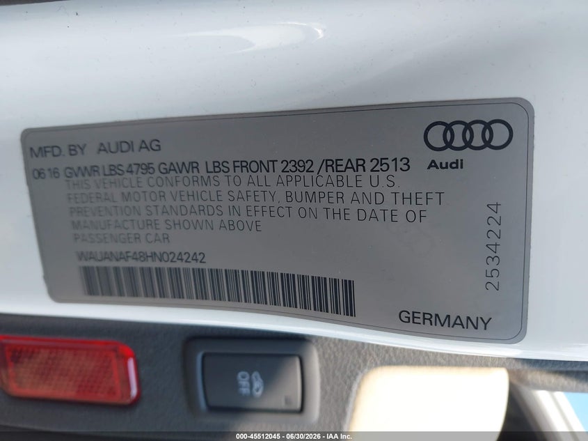 2017 Audi A4 VIN WAUANAF48HN024242 IAAI salvage auction — FRONT END, Salvage (Idaho), sold $5,200 on 2026-07-30 (photo 9)