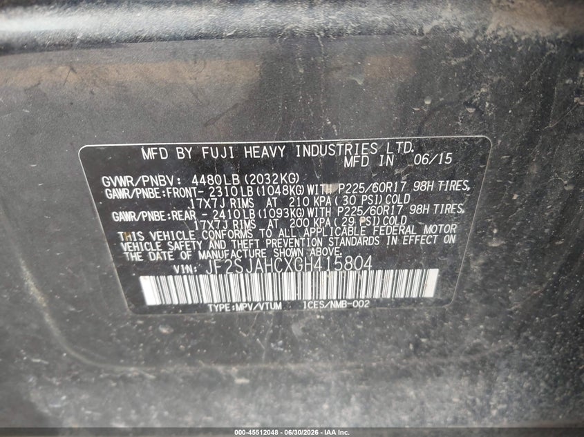 2016 Subaru Forester VIN JF2SJAHCXGH415804 IAAI salvage auction — LEFT FRONT, Salvage Title, sold $1,125 on 2026-09-14 (photo 9)