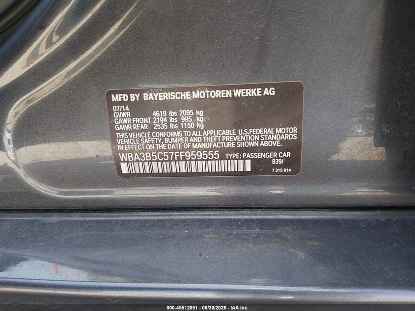 2015 BMW 3er VIN WBA3B5C57FF959555 IAAI salvage auction — FRONT END, Salvage - Greater Than 75% (Maryland), sold $925 on 2026-07-30 (photo 9)