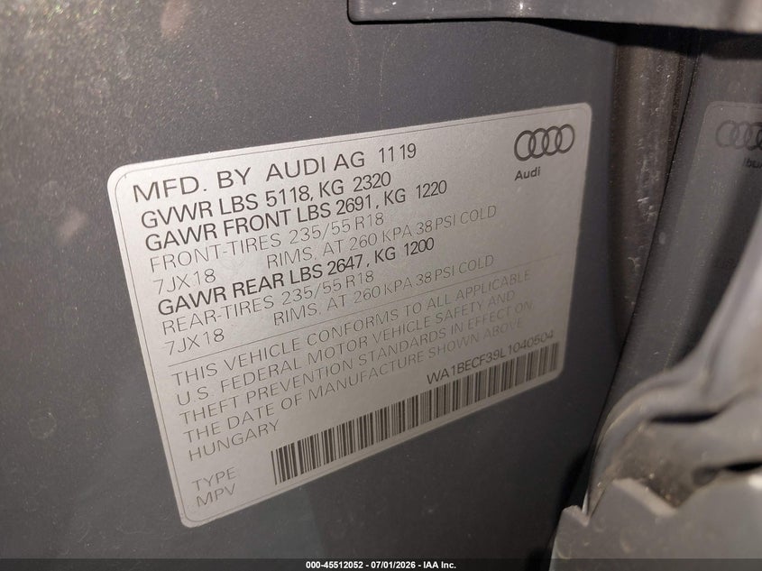 2020 Audi Q3 VIN WA1BECF39L1040504 IAAI salvage auction — RIGHT FRONT, Certificate Of Destruction (Florida), sold $8,900 on 2026-08-18 (photo 9)