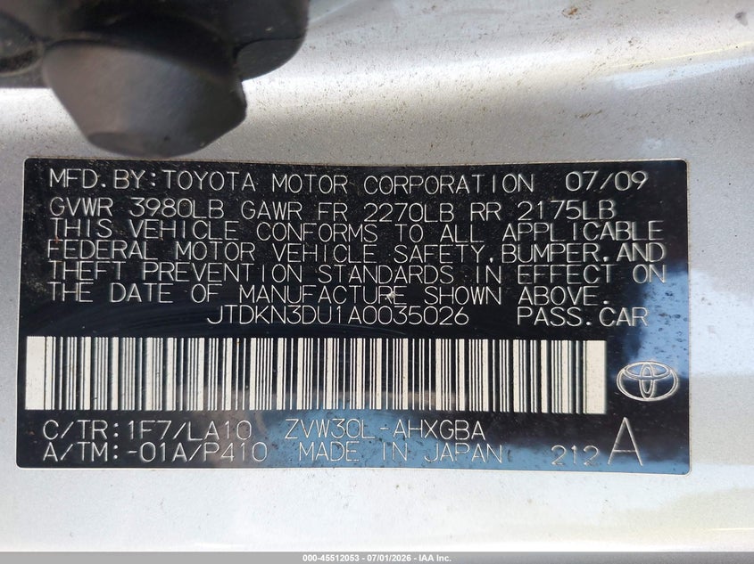 2010 Toyota Prius VIN JTDKN3DU1A0035026 IAAI salvage auction — FRONT END, Clear (Michigan), sold $625 on 2026-07-27 (photo 9)