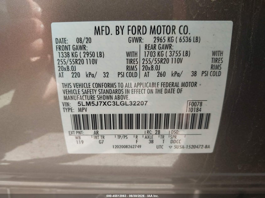 2020 Lincoln Aviator VIN 5LM5J7XC3LGL32207 IAAI salvage auction — FRONT END, Salvage - Greater Than 75% (Maryland), sold $7,200 on 2026-07-28 (photo 9)