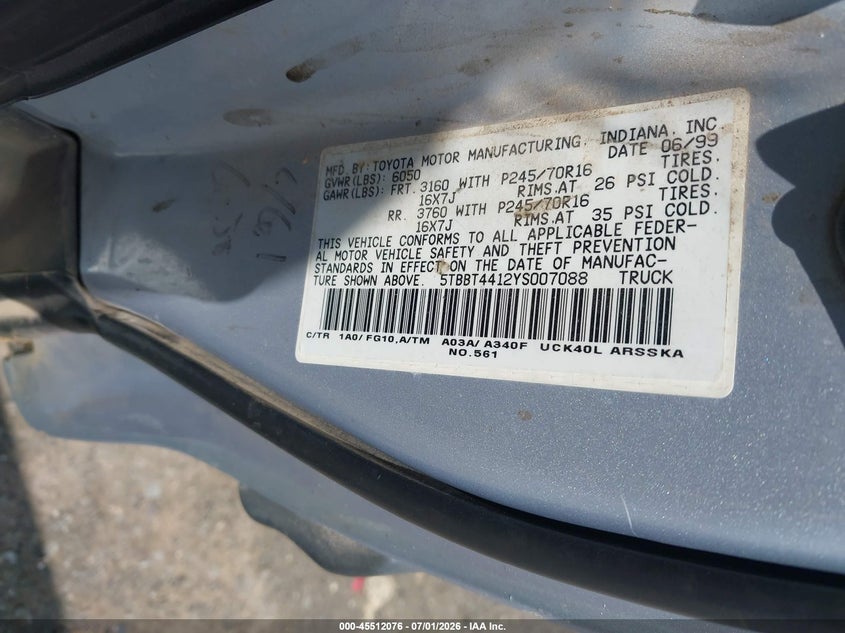 2000 Toyota Tundra VIN 5TBBT4412YS007088 IAAI salvage auction — UNKNOWN, Clear (Virginia), sold $2,350 on 2026-07-28 (photo 9)
