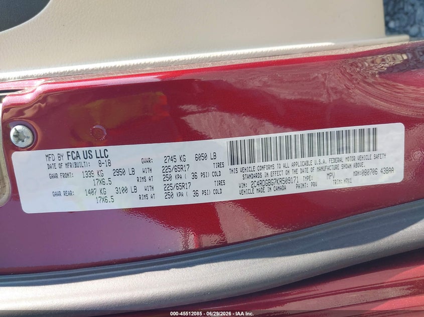 2019 Dodge Grand caravan VIN 2C4RDGBG7KR509171 IAAI salvage auction — NORMAL WEAR, Sf97 (Washington), sold $11,700 on 2026-08-18 (photo 9)