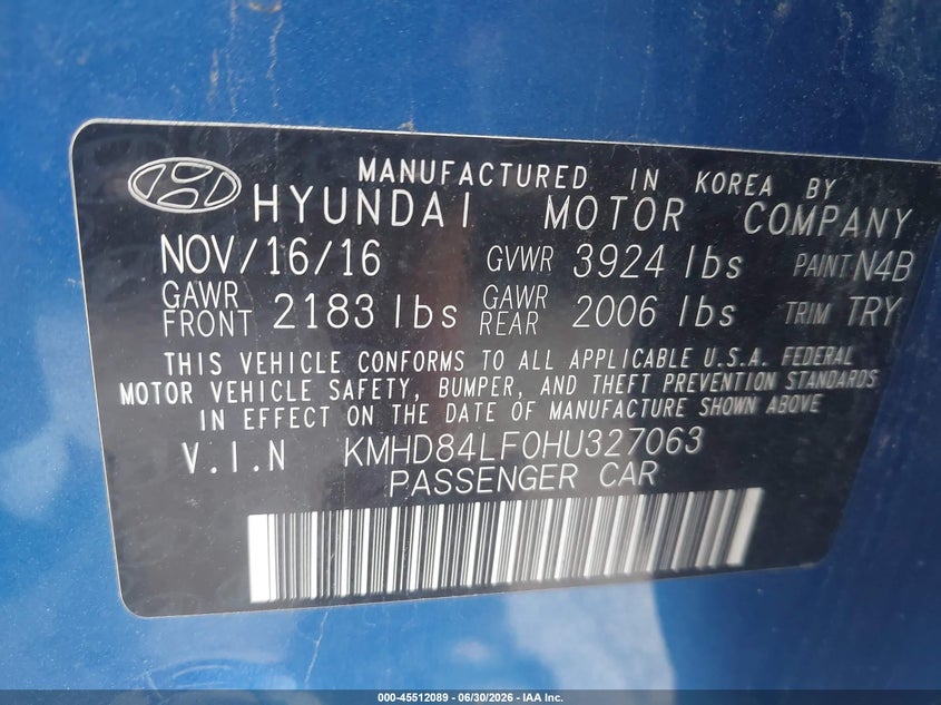 2017 Hyundai Elantra VIN KMHD84LF0HU327063 IAAI salvage auction — FRONT END, Salvage (Ohio), sold $25 on 2026-07-28 (photo 9)
