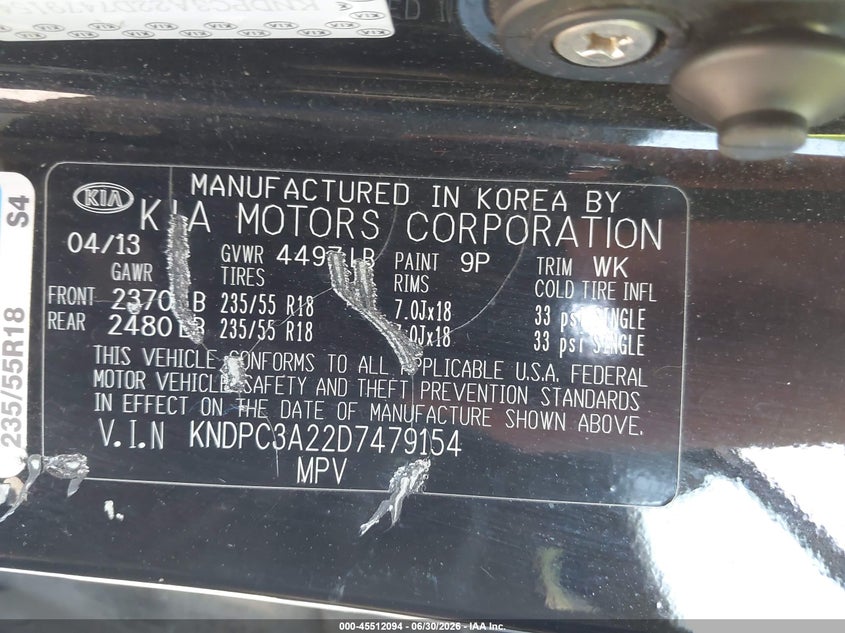 2013 Kia Sportage VIN KNDPC3A22D7479154 IAAI salvage auction — NORMAL WEAR, Clear (Maryland), sold $1,800 on 2026-07-07 (photo 9)