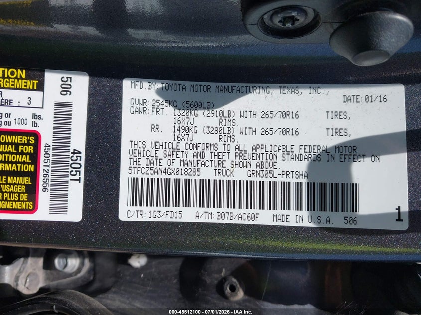2016 Toyota Tacoma VIN 5TFCZ5AN4GX018285 IAAI salvage auction — REAR END, Clear (Indiana), sold $1,550 on 2026-07-29 (photo 9)