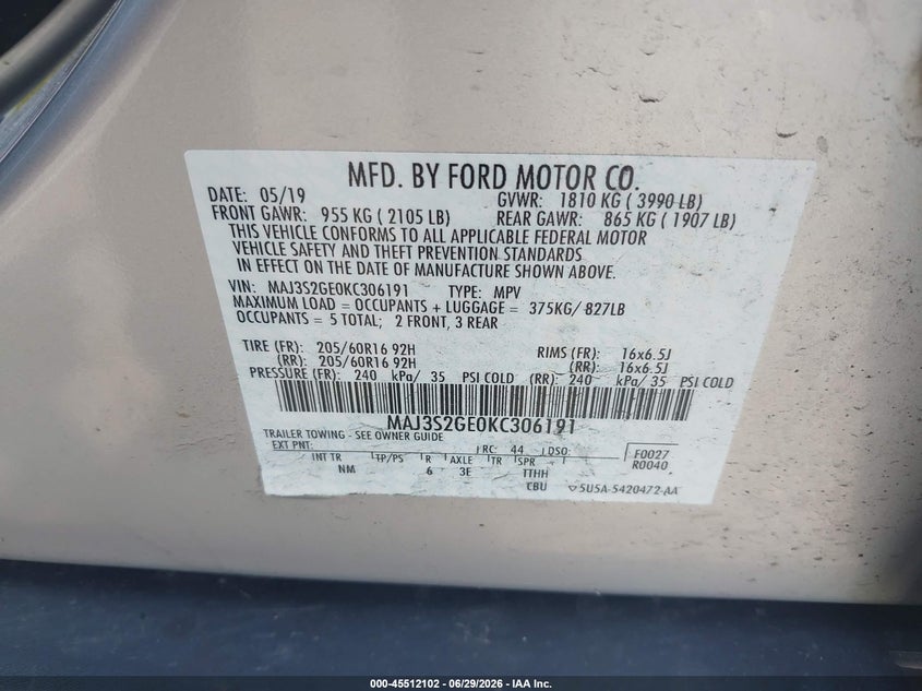 2019 Ford Ecosport VIN MAJ3S2GE0KC306191 IAAI salvage auction — LEFT FRONT, Salvage (Pennsylvania), sold $1,150 on 2026-07-28 (photo 9)