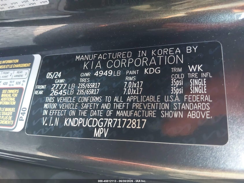 2024 Kia Sportage VIN KNDPUCDG7R7172817 IAAI salvage auction — FRONT END, Salvage (Pennsylvania), sold $2,800 on 2026-07-24 (photo 9)
