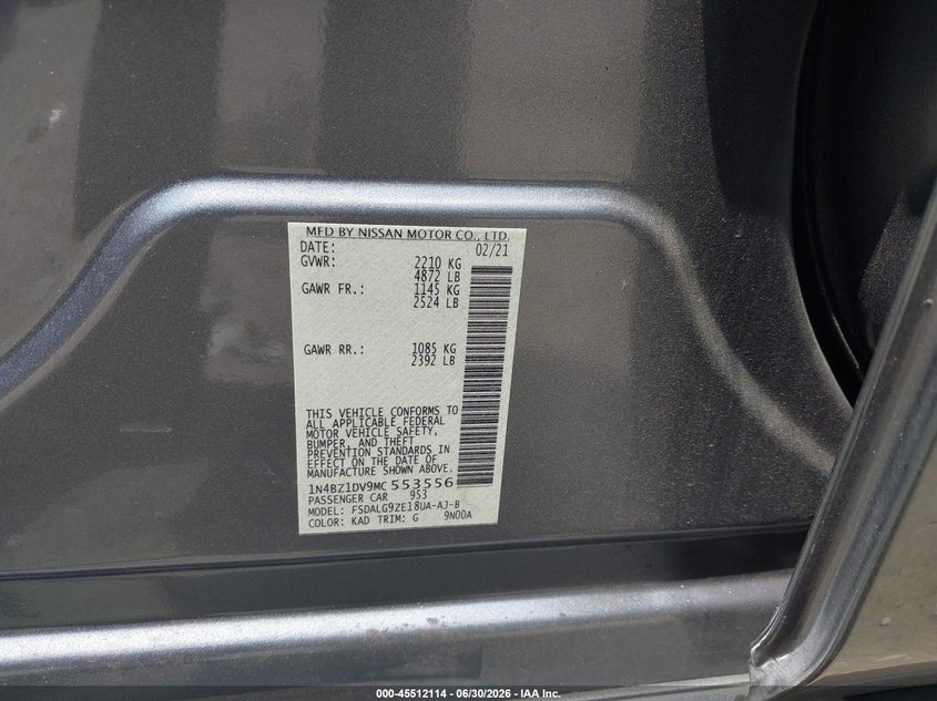 2021 Nissan Leaf VIN 1N4BZ1DV9MC553556 IAAI salvage auction — FRONT END, Salvage Title, sold $2,800 on 2026-07-29 (photo 9)