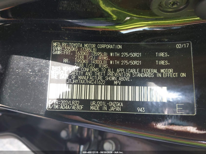 2017 Lexus Lx VIN JTJHY7AX7H4241622 IAAI salvage auction — FRONT END, Salvage (Georgia), sold $16,100 on 2026-07-30 (photo 9)