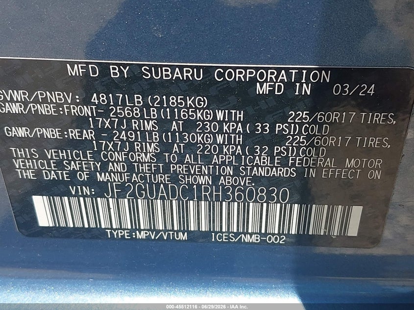 2024 Subaru Xv VIN JF2GUADC1RH360830 IAAI salvage auction — FRONT END, Salvage (Ohio), sold $5,900 on 2026-07-12 (photo 9)