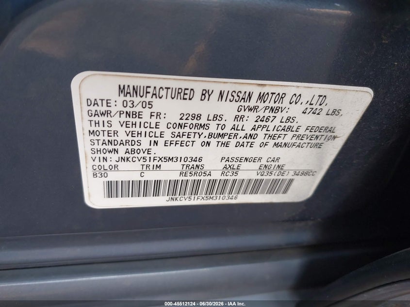 2005 Infiniti G35 VIN JNKCV51FX5M310346 IAAI salvage auction — NORMAL WEAR, Clear (New York), sold $500 on 2026-07-28 (photo 9)
