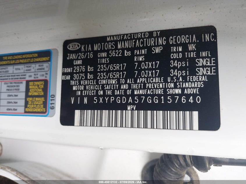 2016 Kia Sorento VIN 5XYPGDA57GG157640 IAAI salvage auction — REAR END, Clear (Virginia), sold $2,350 on 2026-07-23 (photo 9)