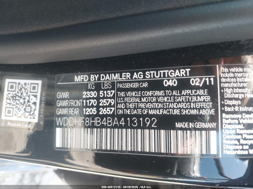 2011 Mercedes-benz E-class VIN WDDHF8HB4BA413192 IAAI salvage auction — NORMAL WEAR, Clear (Pennsylvania), sold $2,275 on 2026-07-10 (photo 9)