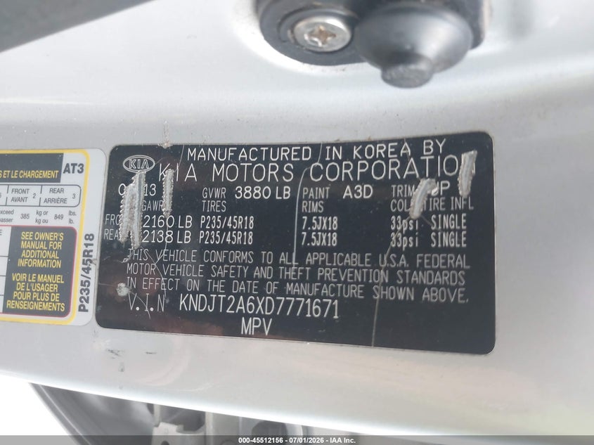 2013 Kia Soul VIN KNDJT2A6XD7771671 IAAI salvage auction — RIGHT SIDE, Salvage Title, sold $325 on 2026-07-29 (photo 9)