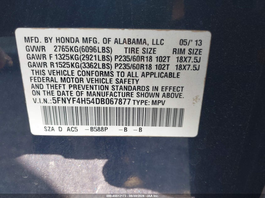 2013 Honda Pilot VIN 5FNYF4H54DB067877 IAAI salvage auction — FRONT END, Salvage - Greater Than 75% (Maryland), sold $975 on 2026-08-04 (photo 9)