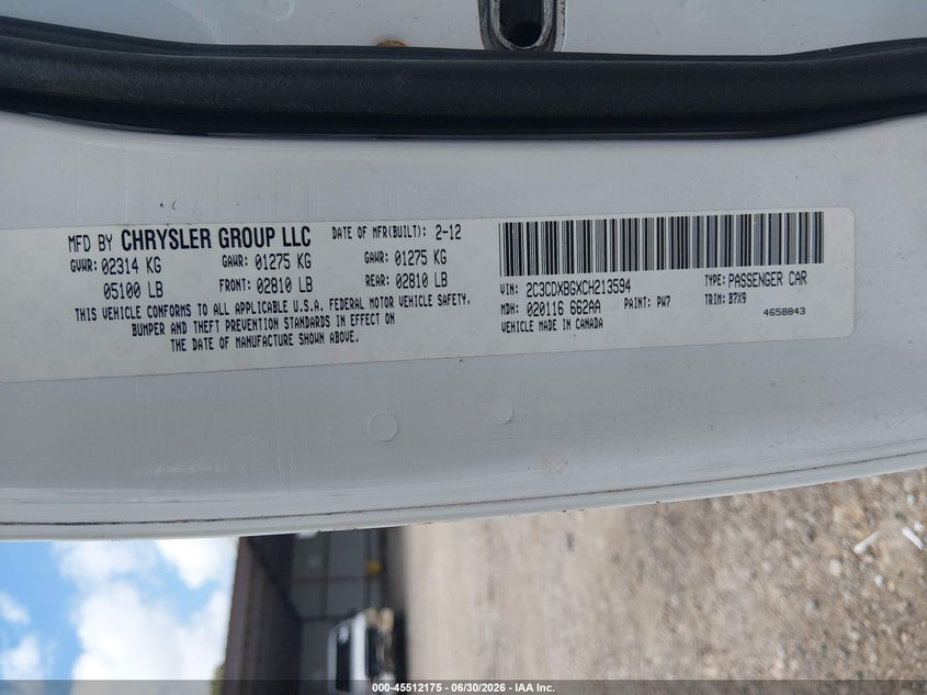 2012 Dodge Charger VIN 2C3CDXBGXCH213594 IAAI salvage auction — REAR END, Salvage Title, sold $975 on 2026-09-06 (photo 9)