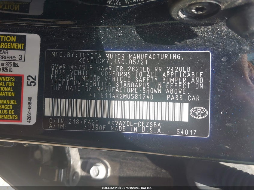 2021 Toyota Camry VIN 4T1G11AK2MU581240 IAAI salvage auction — FRONT END, Salvage Title, sold $6,700 on 2026-07-31 (photo 9)