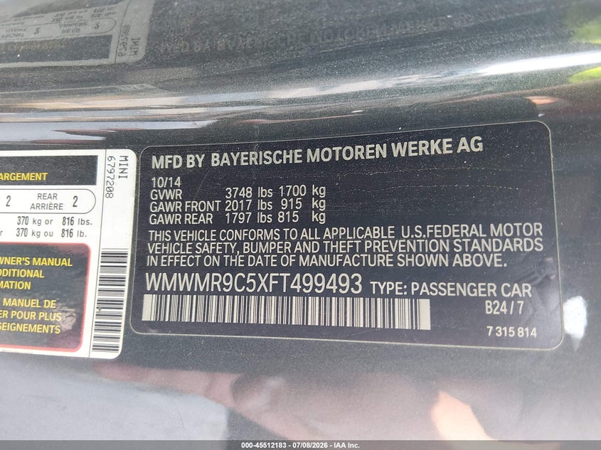 2015 Mini Convertible VIN WMWMR9C5XFT499493 IAAI salvage auction — FRONT END, Wait Title, sold $975 on 2026-09-30 (photo 9)