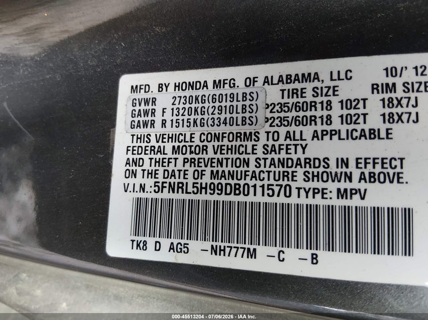 2013 Honda Odyssey VIN 5FNRL5H99DB011570 IAAI salvage auction — SIDE, Clear (Virginia), sold $1,750 on 2026-07-19 (photo 9)