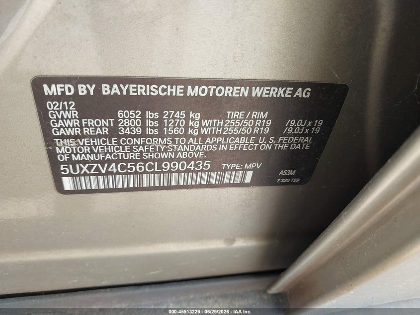 2012 BMW X5 VIN 5UXZV4C56CL990435 IAAI salvage auction — NORMAL WEAR, Clear (Maryland), sold $400 on 2026-07-31 (photo 9)