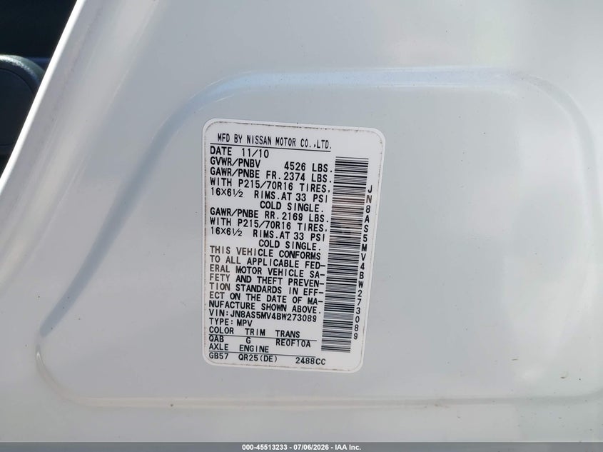 2011 Nissan Rogue sport VIN JN8AS5MV4BW273089 IAAI salvage auction — NORMAL WEAR, Clear (Hawaii), sold $675 on 2026-07-14 (photo 9)