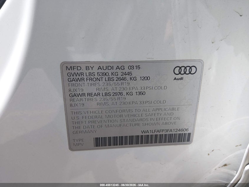 2015 Audi Q5 VIN WA1LFAFP3FA124606 IAAI salvage auction — RIGHT FRONT, Salvage (Hawaii), sold $2,550 on 2026-08-16 (photo 9)