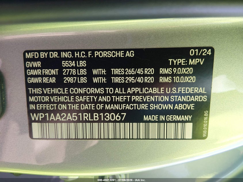 2024 Porsche Macan VIN WP1AA2A51RLB13067 IAAI salvage auction — FRONT END, Original (Texas), sold $18,300 on 2026-08-21 (photo 9)