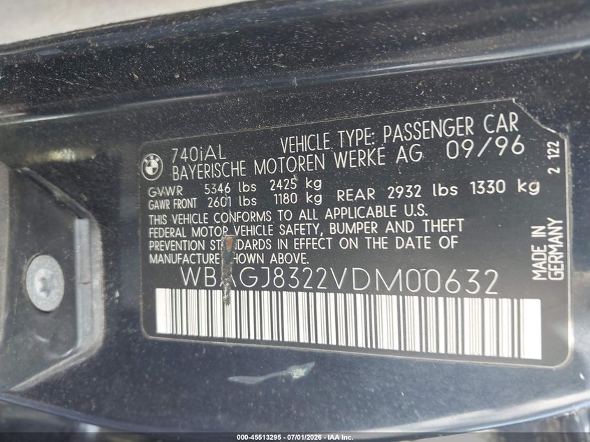 1997 BMW 7 series VIN WBAGJ8322VDM00632 IAAI salvage auction — NORMAL WEAR, Clear (Connecticut), sold $400 on 2026-07-09 (photo 9)